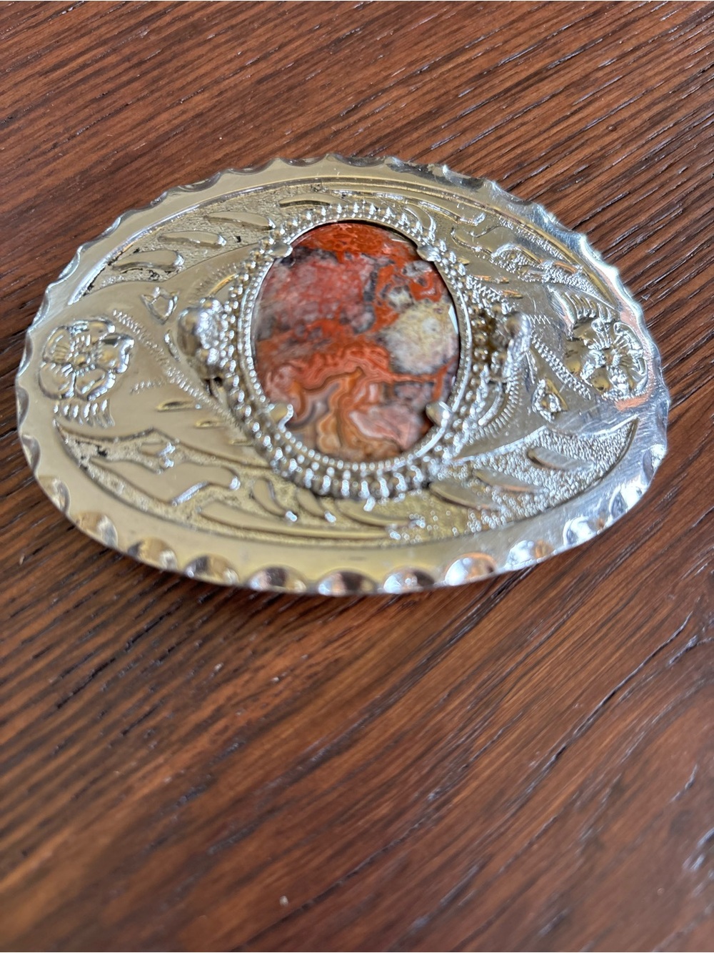 Western Rodeo Cowgirl Cowboy Shiny Silver Coral Color Stone Belt Buckle, Unisex - Picture 6 of 13